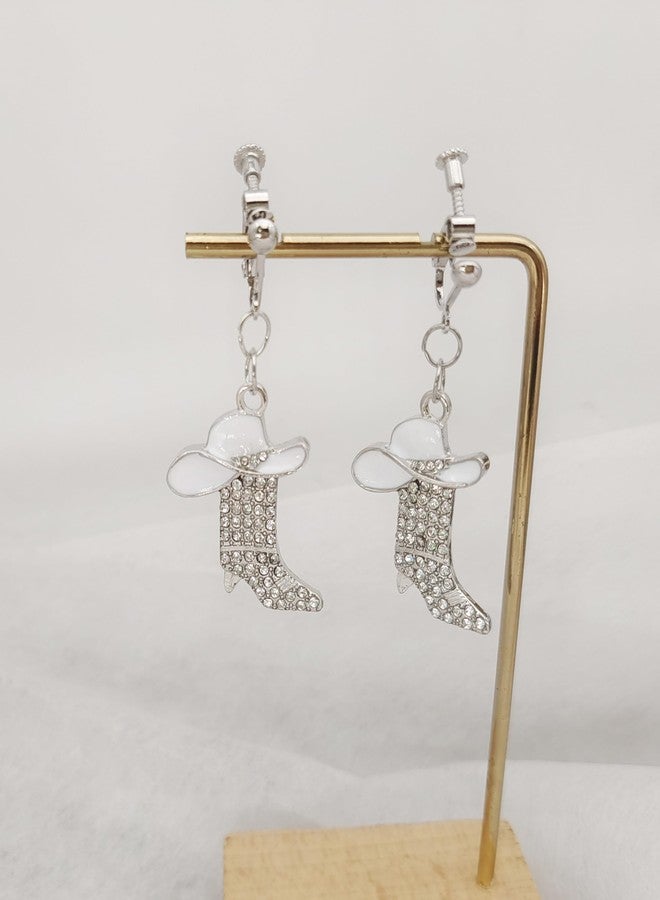 Modpide Rhinestone Western Boots Clip on Earrings Cowgirl Cowboy Enamel Hat Earrings Boot Drop Dangle Earrings for Women (Silver Boots, White Hat) - Image 5